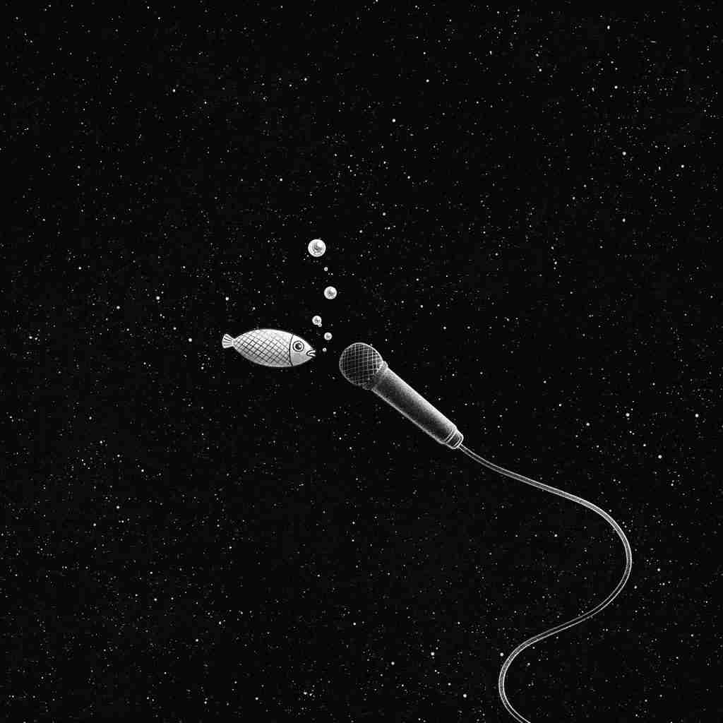 Cosmic quickie fantasy, collage, singing, nature, microphone, fish, creativity, black and white, podcast, background, wallpaper